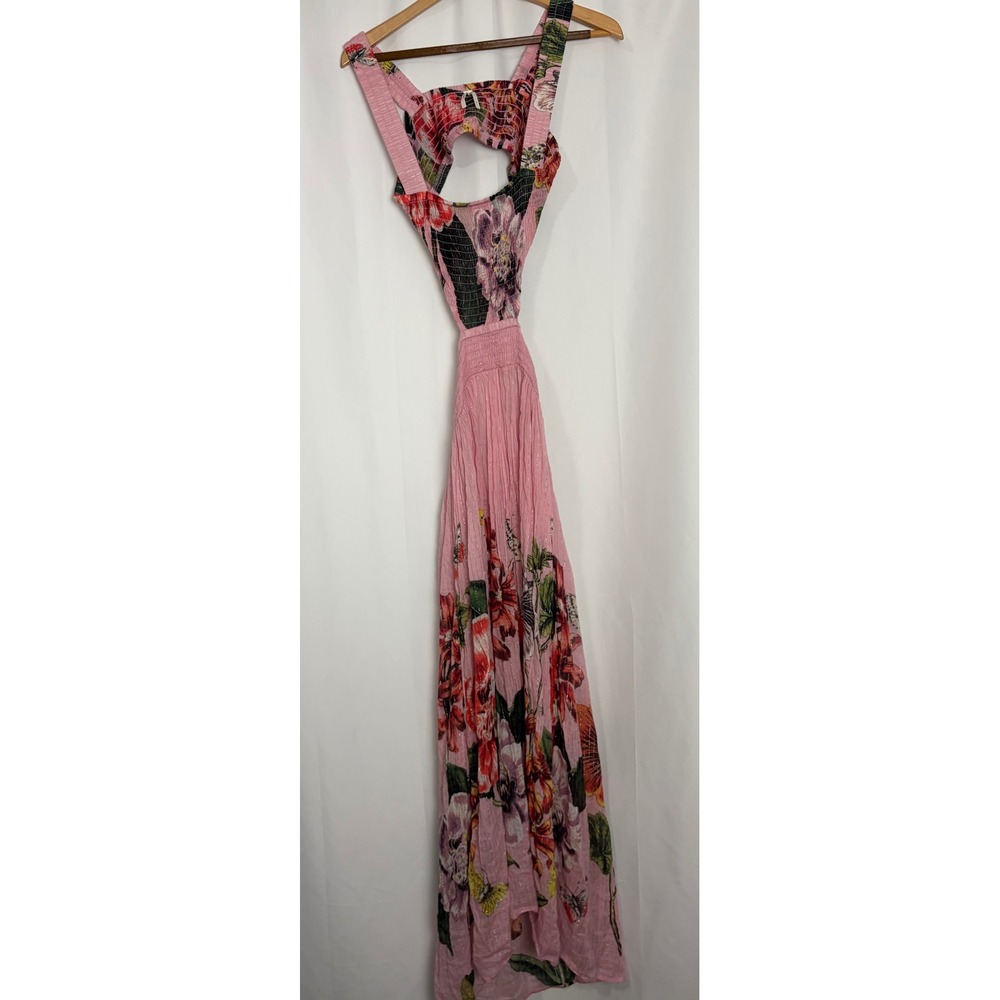 Anthropologie Maxi Dress Pink Floral Smocked Cut Out Medium Cottage Garden